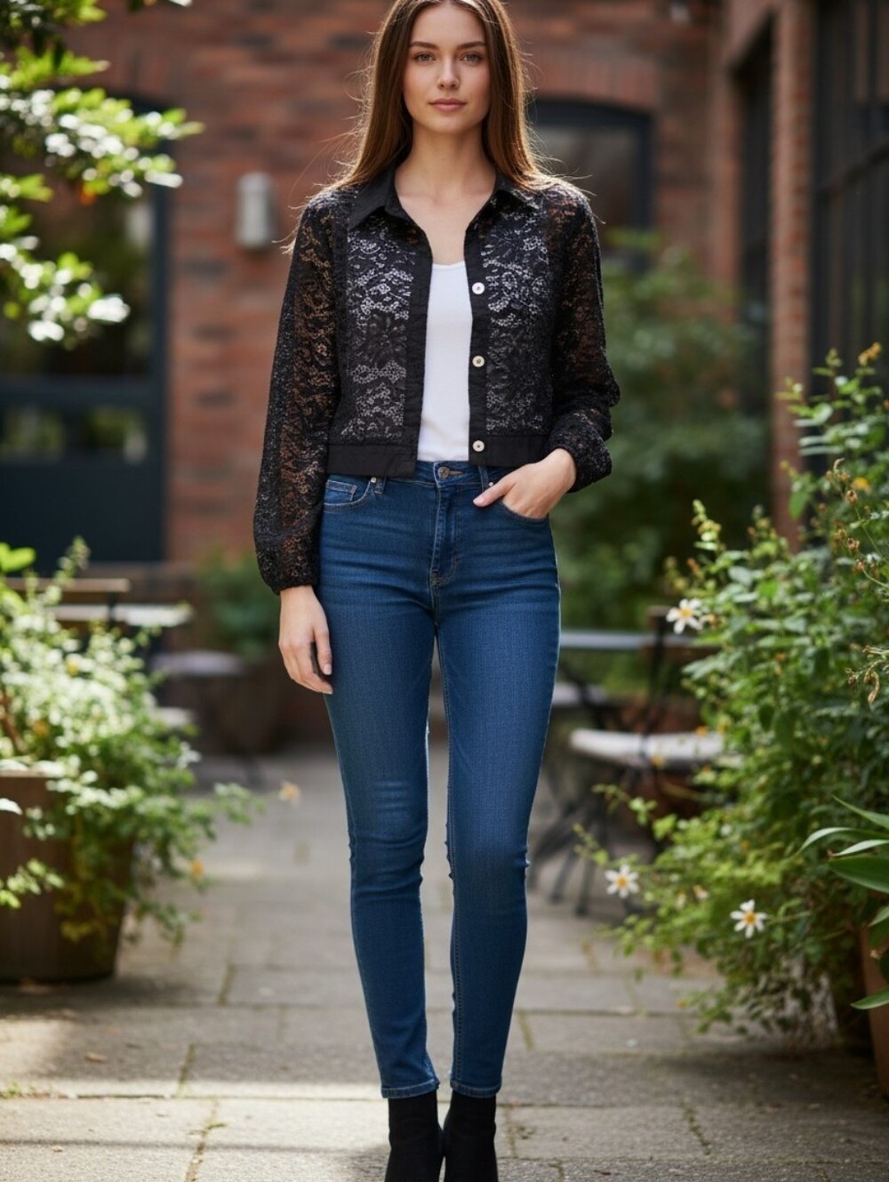 Moa Moa Black Lace Cropped Button-Front Top